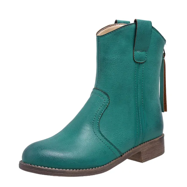 Women's Fashion Retro Low Heel Back Zipper Leather Booties Green - Shop at LoveMi