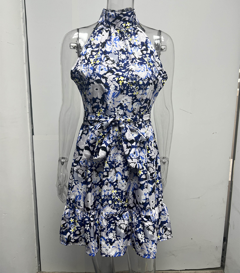 New Flowers Print Halterneck Dress Summer Fashion
