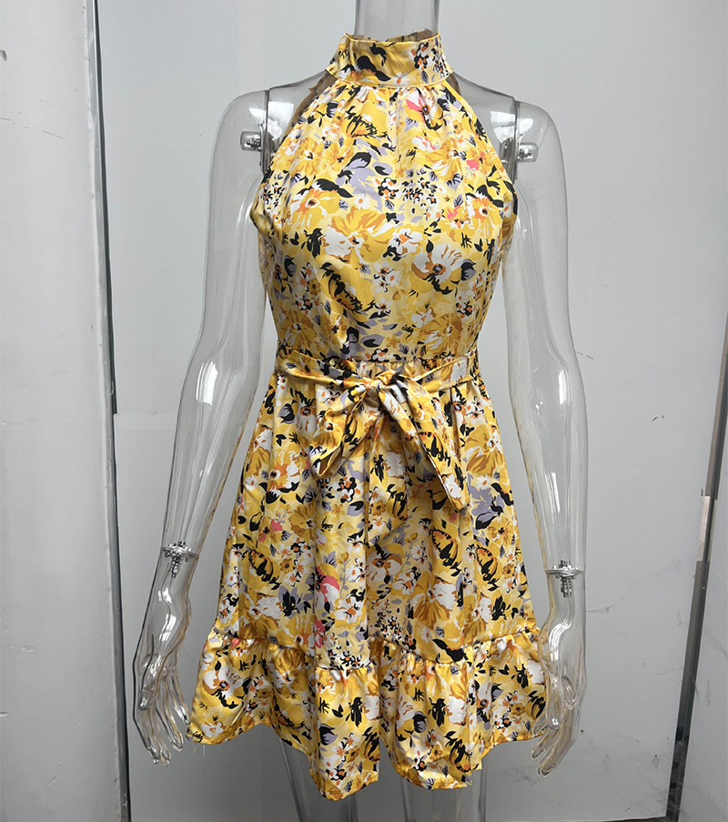New Flowers Print Halterneck Dress Summer Fashion