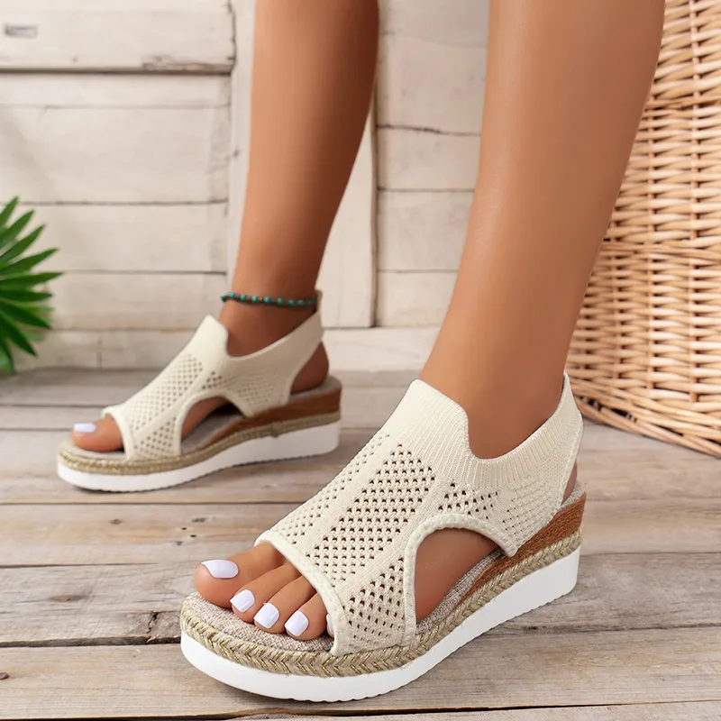 New Hollow Wedges Sandals Summer Fly Woven Breathable Mesh
