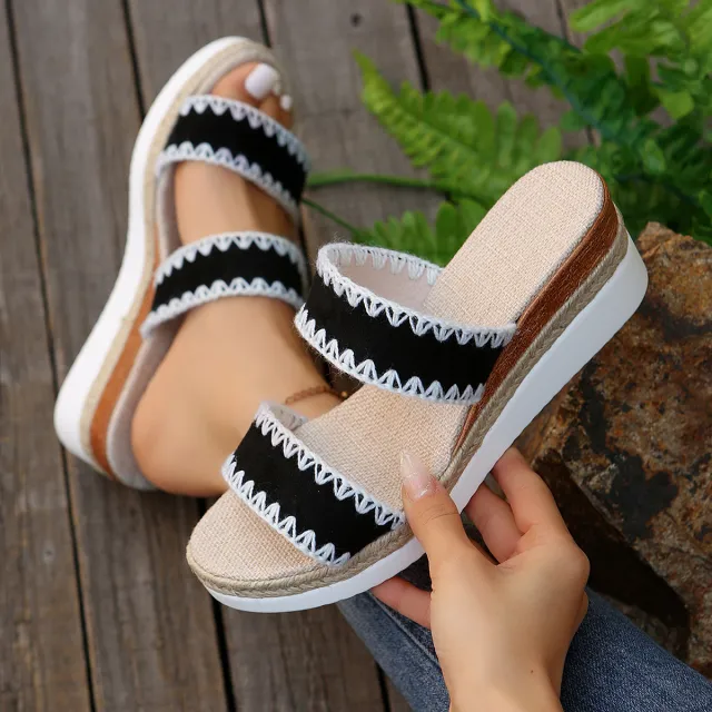 New Hemp Rope Woven Wedge Slippers Summer Ethnic Style Sandals Double Wide Strappy Shoes For Women Black - Shop at LoveMi