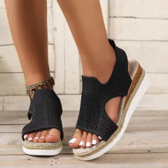 New Hollow Wedges Sandals Summer Fly Woven Breathable Mesh Shoes For Women Peep-Toe Sandals - Black - View 1