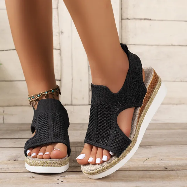 New Hollow Wedges Sandals Summer Fly Woven Breathable Mesh Shoes For Women Peep Toe Sandals Black - Shop at LoveMi