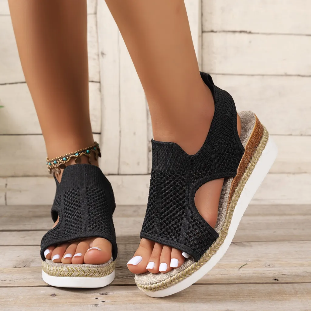 New Hollow Wedges Sandals Summer Fly Woven Breathable Mesh Shoes For Women Peep-Toe Sandals - Black
