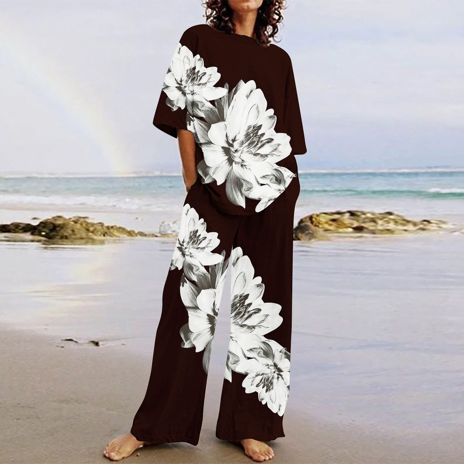 Round Neck Drop Shoulder Casual Sleeve T-shirt 3D Printed Set