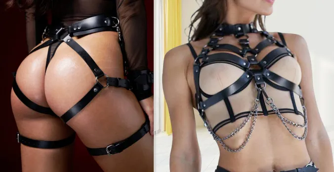 Women's Chain Leather Stage Performance Costume And Accessories - Blackset