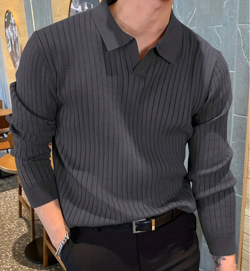 Men's Waffle Knit Polo Shirt - Lapel Texture Stretch Slim Fit Long Sleeve Top - Picture 15 of 17