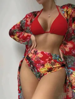Bikini Three-piece Printed Mesh Blouse - Red - View 1