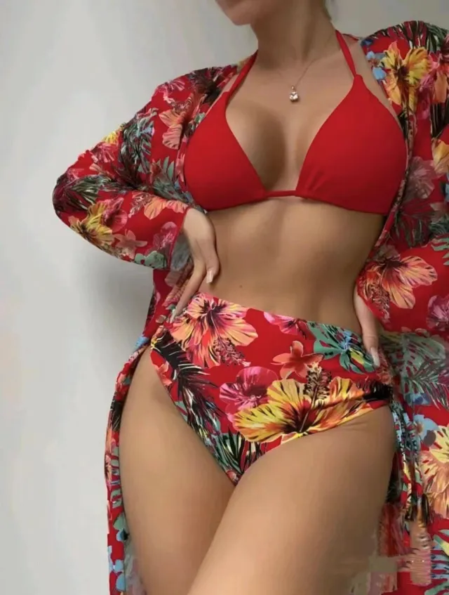 Bikini Three piece Printed Mesh Blouse Red - Shop at LoveMi