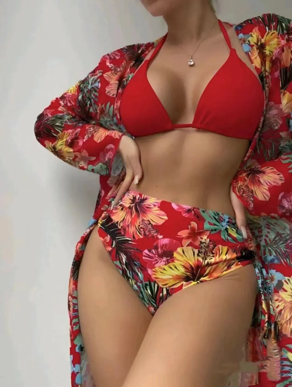 Bikini Three-piece Printed Mesh Blouse - Red