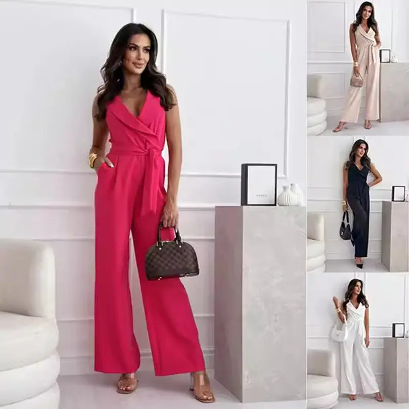 V-neck Sleeveless Jumpsuit with Belt Design Summer Fashion Trousers