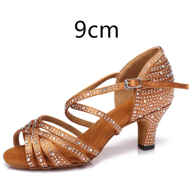 Latin Dance Shoes Hot Drilling Full Drilling Middle Heel Bronze 9Cm Heel 40 - Shop at LoveMi