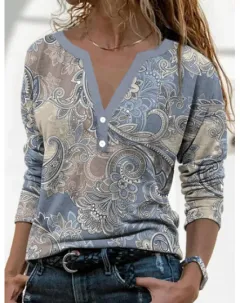 Women's Casual Ethnic Style V-neck Long-sleeved T-shirt - 6Color-Xxl - View 1