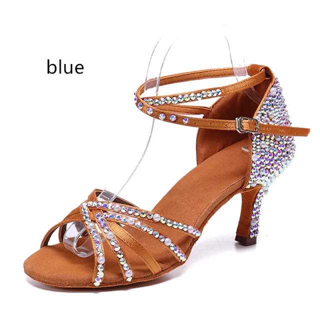 Latin Dance Shoes Rhinestone Pearl Satin Women Blue - Shop at LoveMi