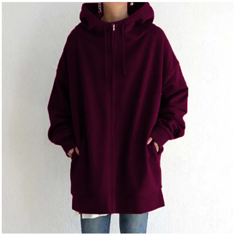 Oversized S-5XL Women Loose Hooded Coats Autumn Female Tie Collar Long Sleeve Zipper Up Add Velvet Long Sweatshirt - Dark Purple