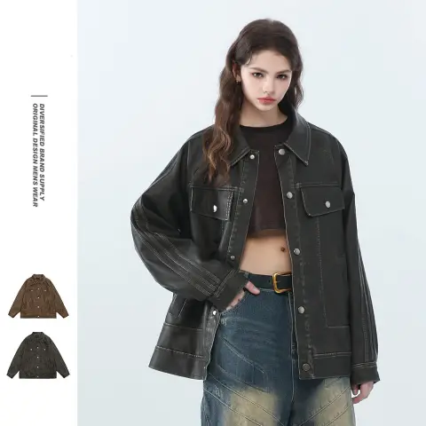 American Retro Distressed Lapel PU Leather for Men