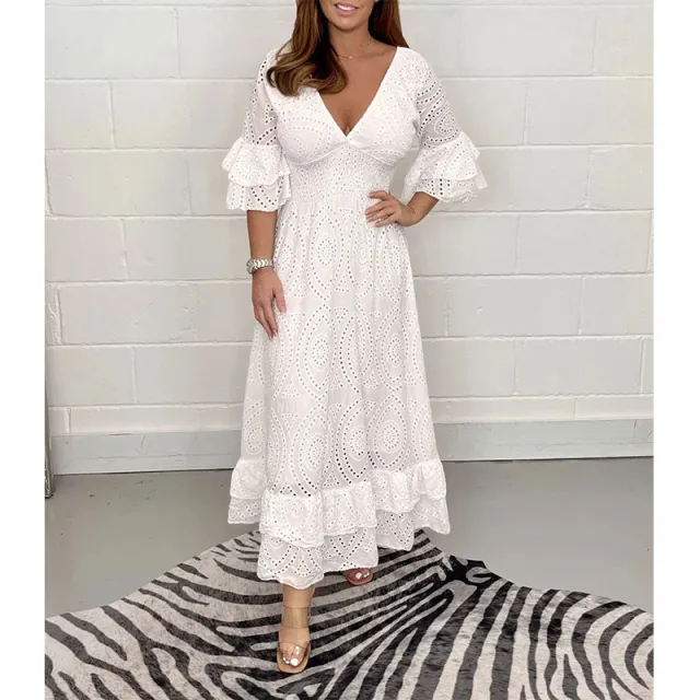 High Waisted Embroidered Solid V neck Dress White Long Style - Shop at LoveMi