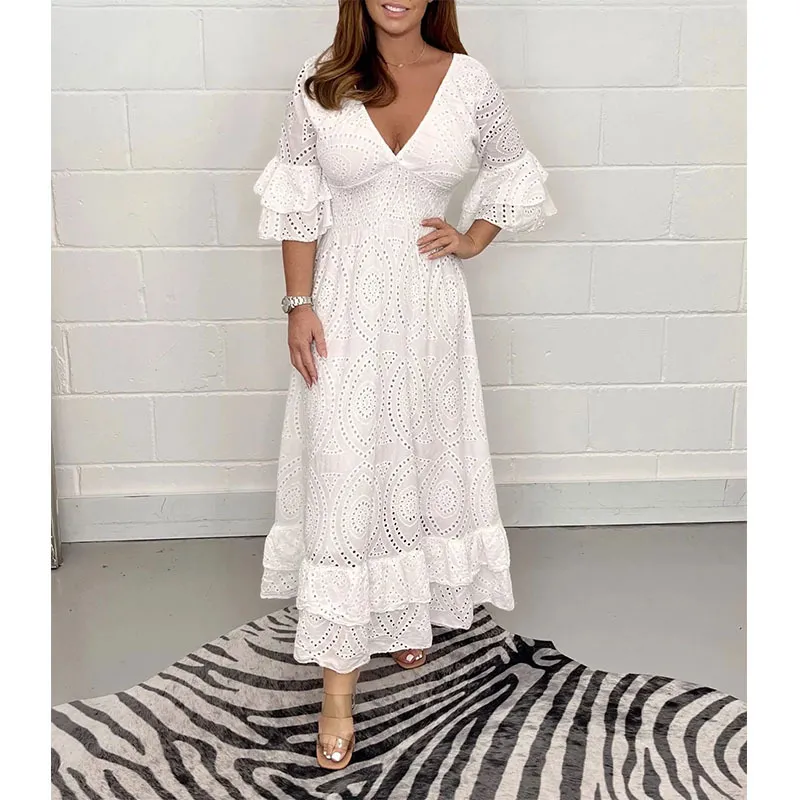 High Waisted Embroidered Solid V-neck Dress - White Long Style