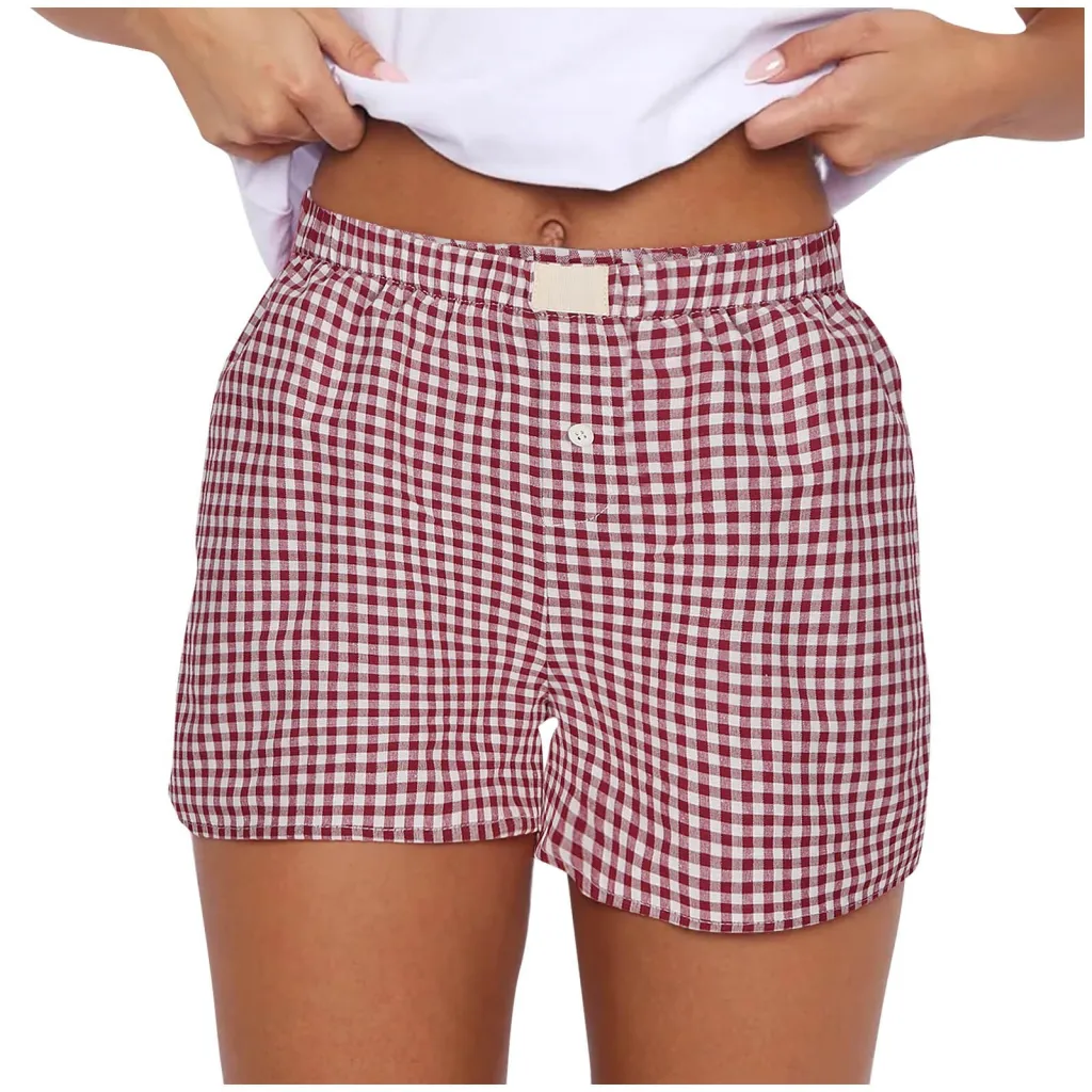 Women's Casual Plaid Cotton Arrow Pants Loose Four-corner Button Shorts - Crimson-3Xl