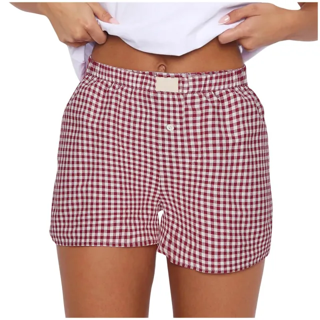 Women's Casual Plaid Cotton Arrow Pants Loose Four corner Button Shorts Crimson 3Xl - Shop at LoveMi