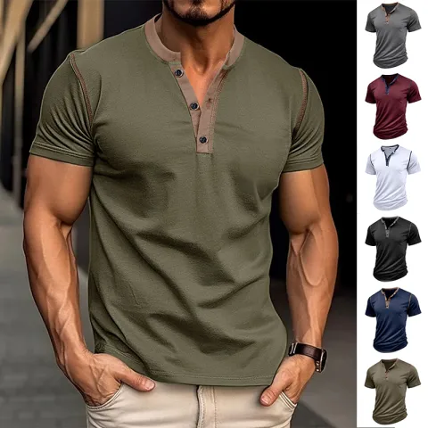 Fashion Short-sleeved Polo Shirt Summer Button V-neck T-shirt Tops