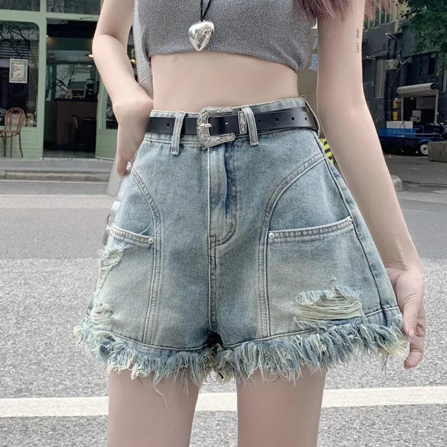 Ripped Denim Shorts Wide Leg Frayed Hem A- Line Retro High Waist - Blue