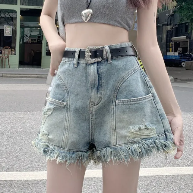 Ripped Denim Shorts Wide Leg Frayed Hem A Line Retro High Waist Blue - Shop at LoveMi