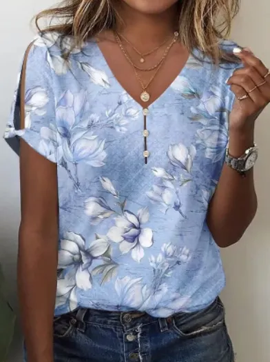 Summer Ethnic Style Printed Short sleeved Top Women's T shirt Light Blue A - Shop at LoveMi