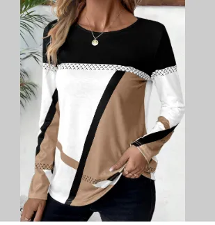 Pullover Round Neck Contrast Color Stitching Geometric Print Top - Camel