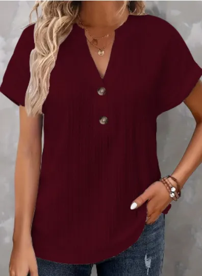 Women's Batwing Sleeve Solid Colour And V-neck Button T-shirt - Red