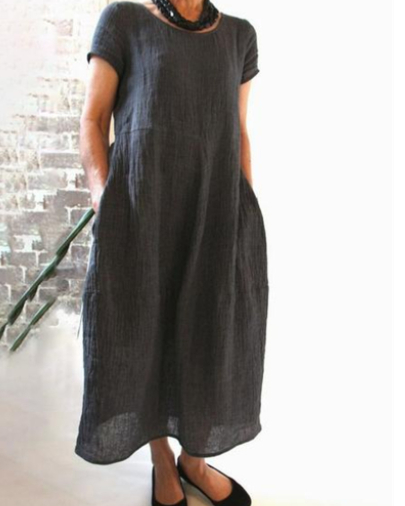 Loose solid color plus size cotton and linen dress