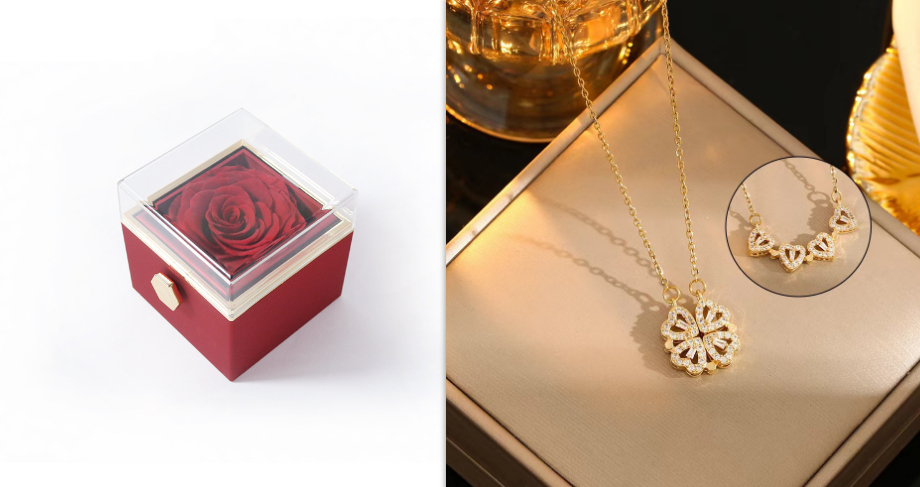 Gold necklace and red box