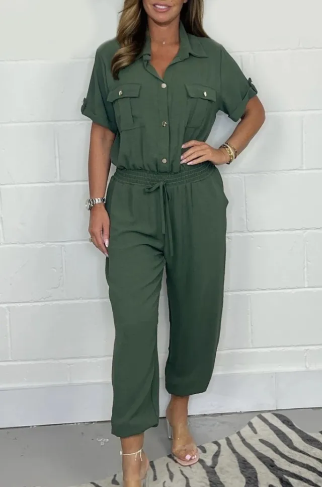 All matching Solid Color Casual Polo Collar Shirt Wide Leg Jumpsuit For Women Green - Shop at LoveMi