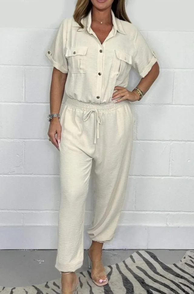 All matching Solid Color Casual Polo Collar Shirt Wide Leg Jumpsuit For Women White - Shop at LoveMi