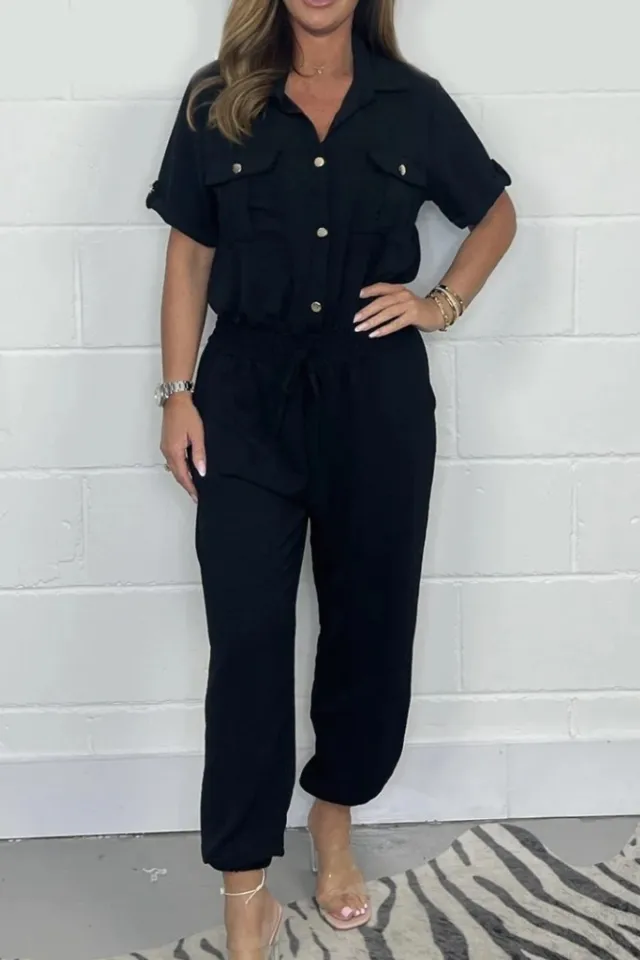 All matching Solid Color Casual Polo Collar Shirt Wide Leg Jumpsuit For Women Black - Shop at LoveMi
