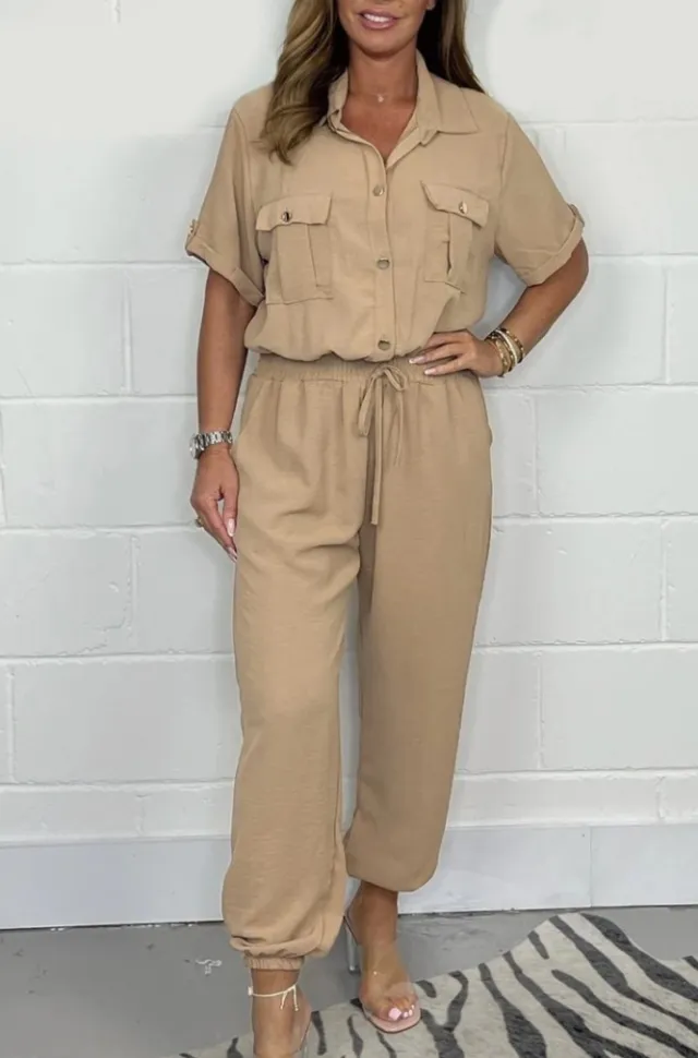All matching Solid Color Casual Polo Collar Shirt Wide Leg Jumpsuit For Women Khaki - Shop at LoveMi