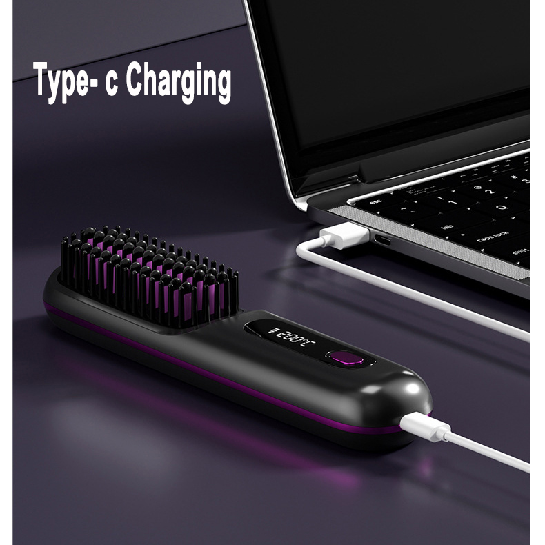 2-in-1 wireless hair straightener brush with fast heating, portable hot curler, USB charging.