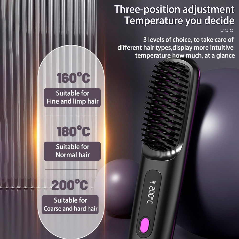 2-in-1 wireless hair straightener brush with fast heating, portable hot curler, USB charging.