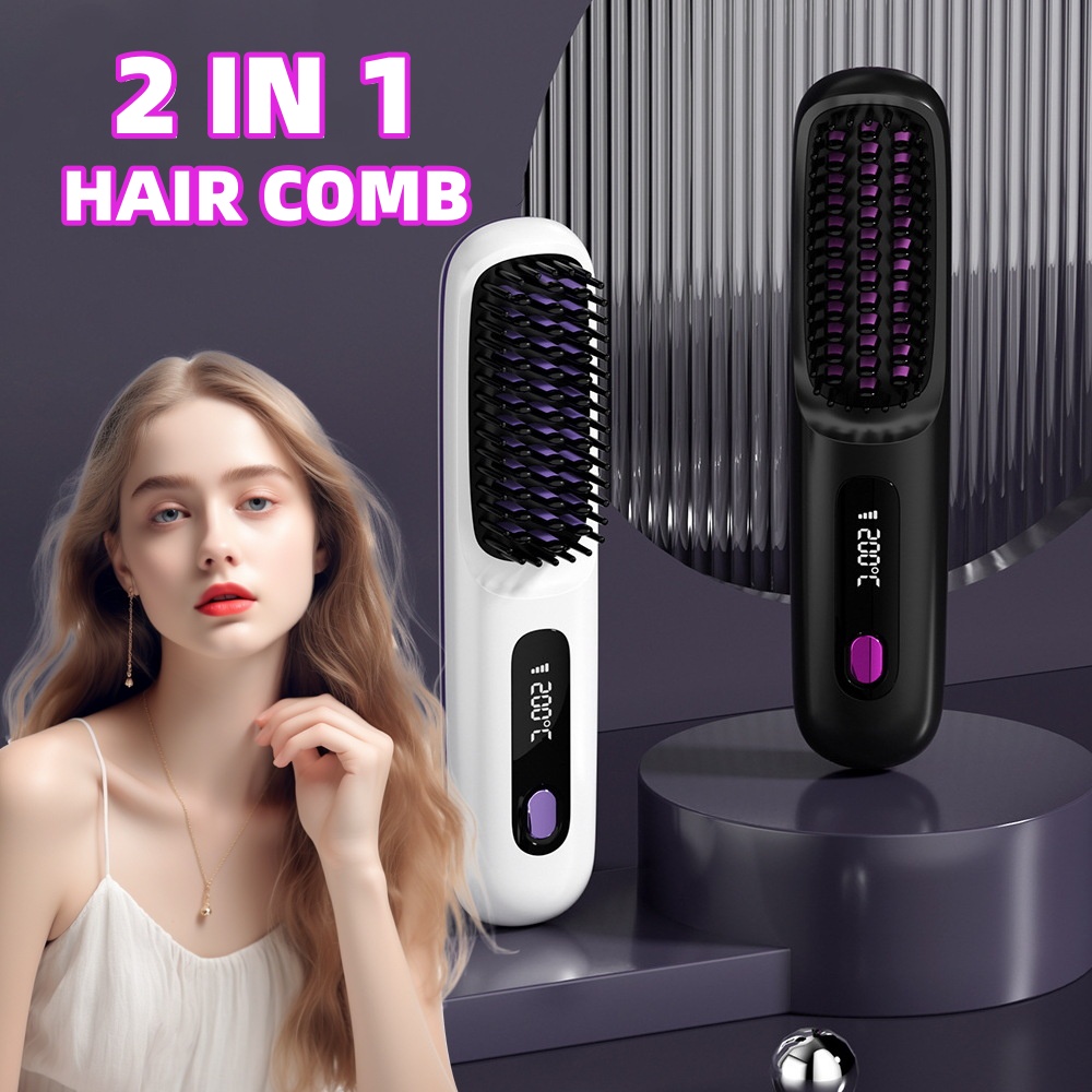 2-in-1 wireless hair straightener brush with fast heating, portable hot curler, USB charging.