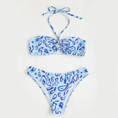 Bandeau Bikini Sexy Split Swimsuit - Blue - View 1