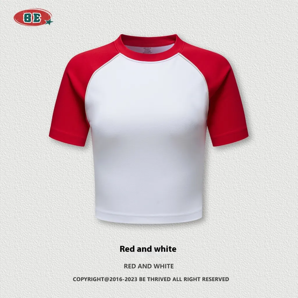 Summer Beauty Retro Short T-shirt Contrast Color Raglan Sleeve Round Neck - White
