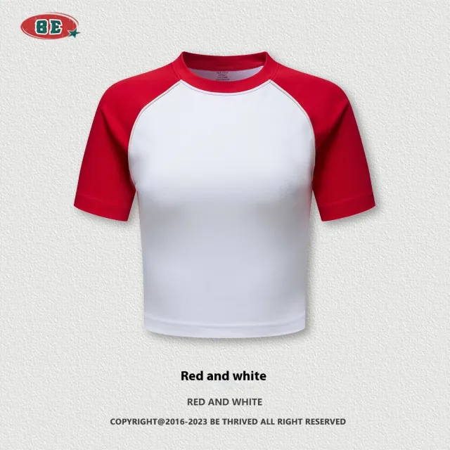 Summer Beauty Retro Short T shirt Contrast Color Raglan Sleeve Round Neck White - Shop at LoveMi