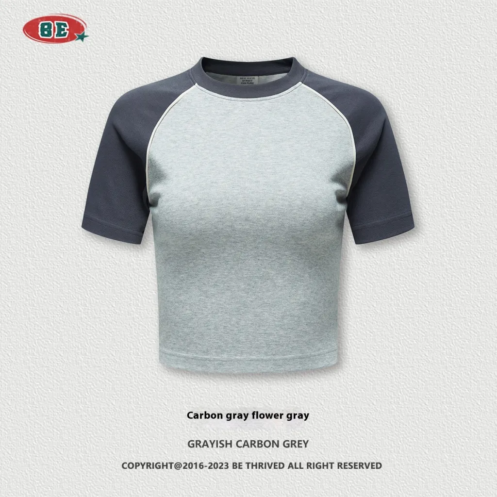 Summer Beauty Retro Short T-shirt Contrast Color Raglan Sleeve Round Neck - Flower Gray Carbon Gray