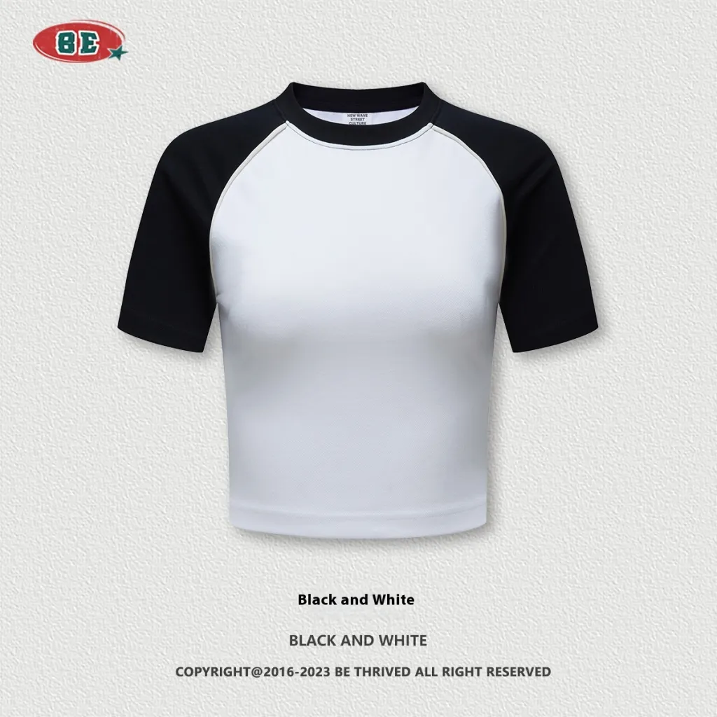 Summer Beauty Retro Short T-shirt Contrast Color Raglan Sleeve Round Neck - Black