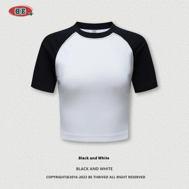 Summer Beauty Retro Short T shirt Contrast Color Raglan Sleeve Round Neck Black - Shop at LoveMi