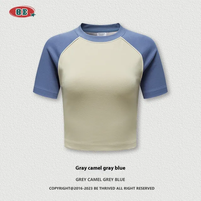Summer Beauty Retro Short T shirt Contrast Color Raglan Sleeve Round Neck Camel - Shop at LoveMi