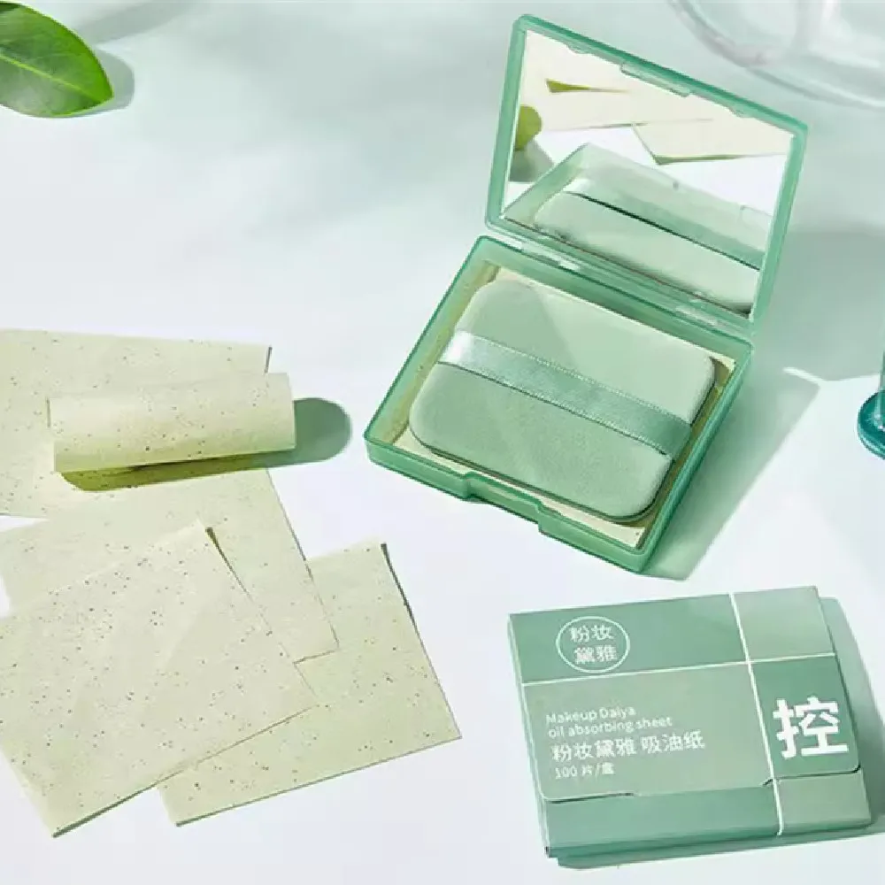 With Powder Puff Mirror Face Oil-absorbing Sheets Green Tea Linen Suede Oil Absorption - Formal Wear Plus Refill