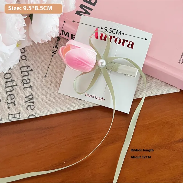 Three dimensional Tulip Flower Barrettes Simple Ribbon 5 Pink Tulip Barrettes - Shop at LoveMi