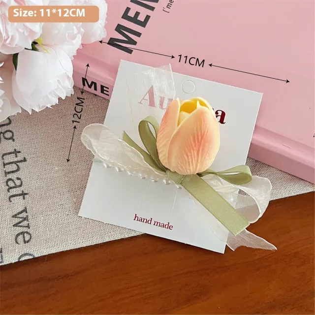 Three dimensional Tulip Flower Barrettes Simple Ribbon 8 Yellow And Pink Tulip - Shop at LoveMi
