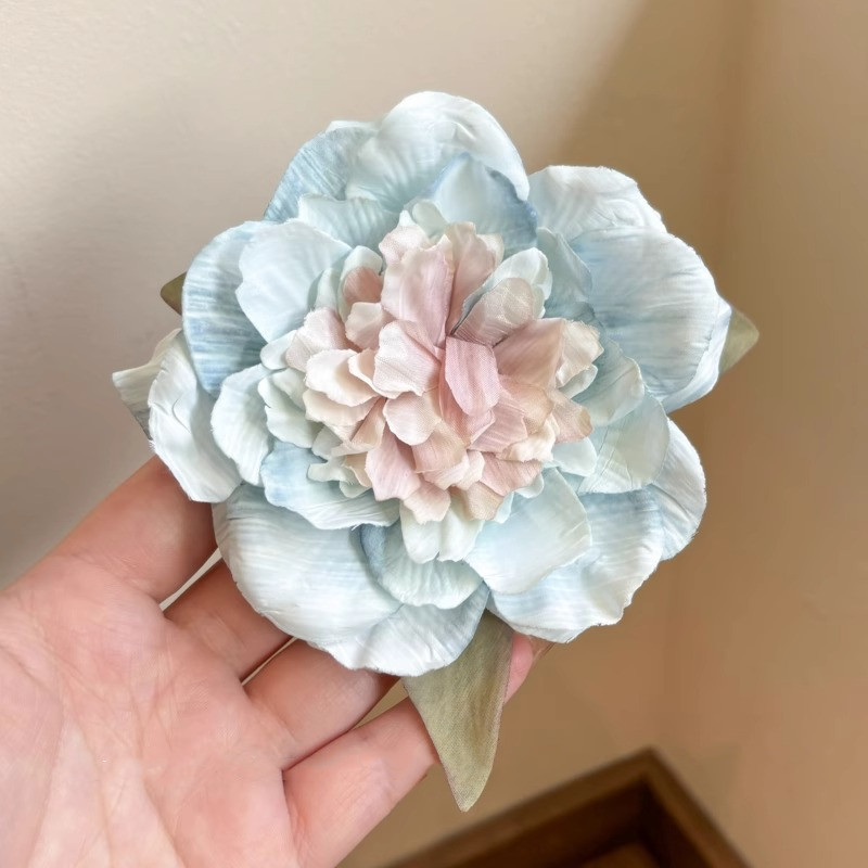 3 Blue Peony Barrettes